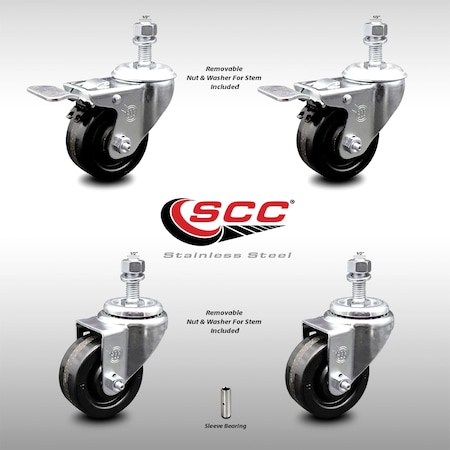 Service Caster 3.5 Inch SS Phenolic Swivel 1/2 Inch Threaded Stem Caster Total Lock Brake, 2PK SCC-SSTSTTL20S3514-PHS-121315-2-S-2